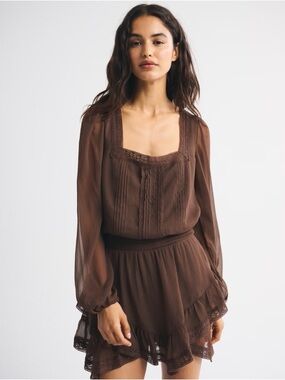 NWT Abercrombie & Fitch Long Sleeve Squareneck Tiered Skort Brown Medium